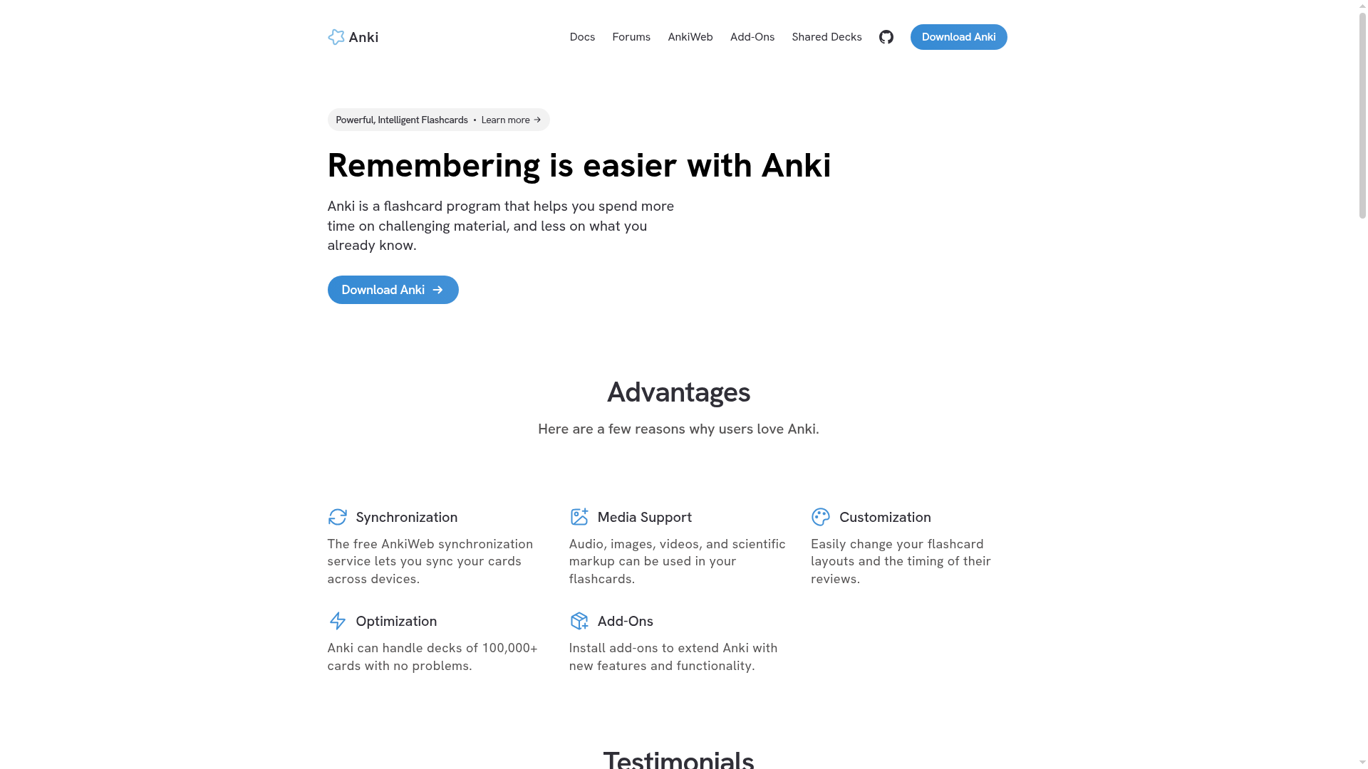 Anki homepage screenshot with the tagline 'Remembering is easier with Anki' and a download button