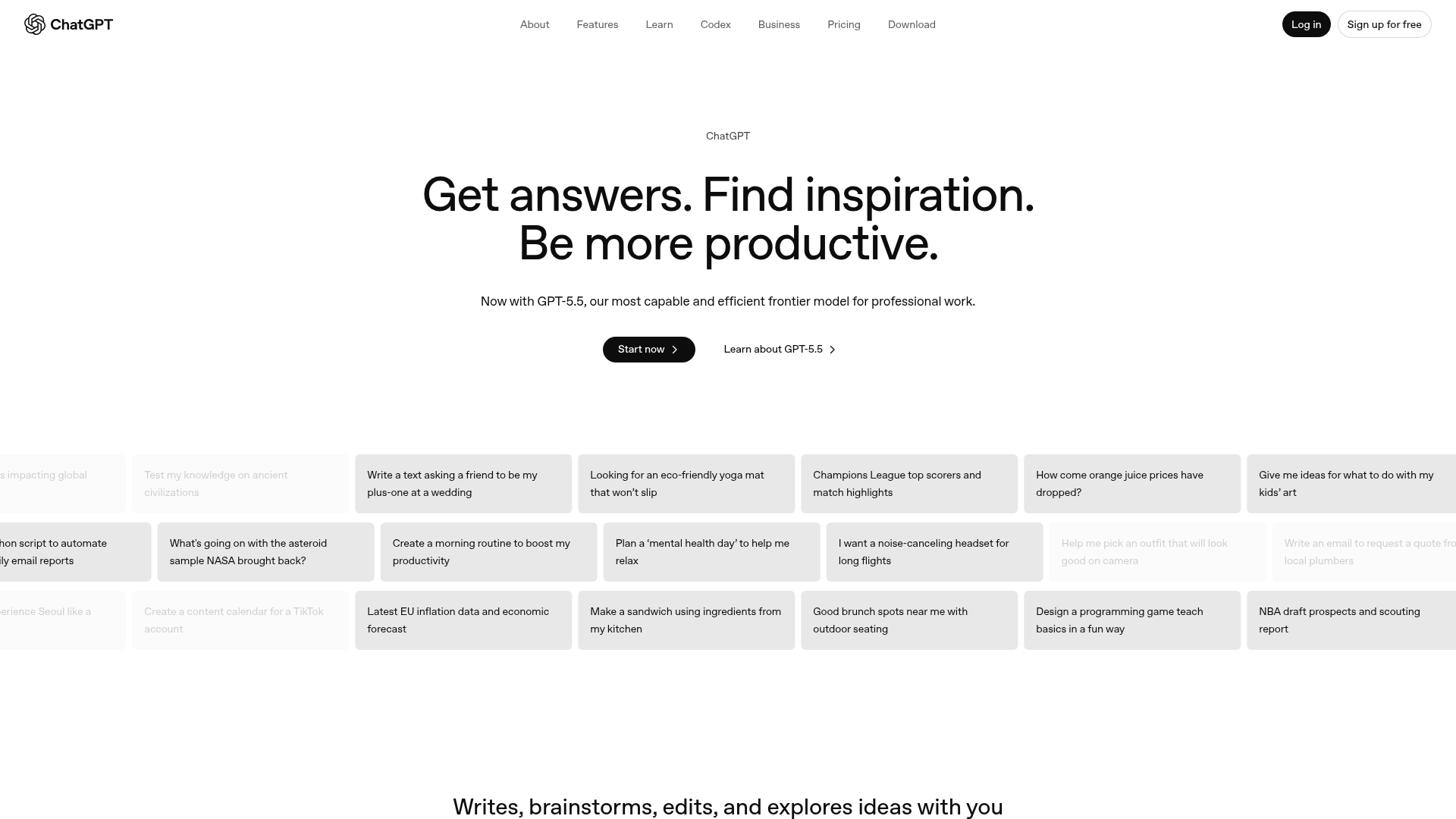 ChatGPT marketing page showing the AI assistant hero with example prompts