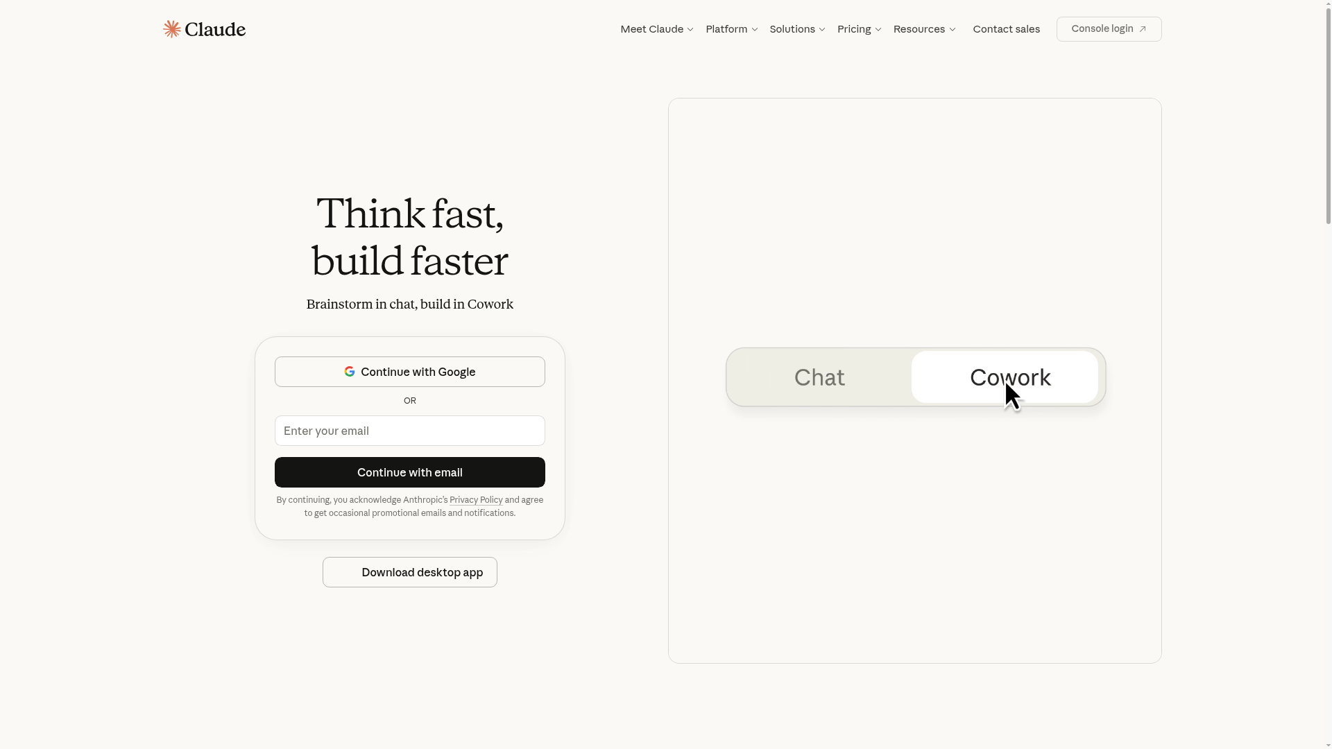 Claude homepage by Anthropic showing the 'Think fast, build faster' hero and chat sign-up