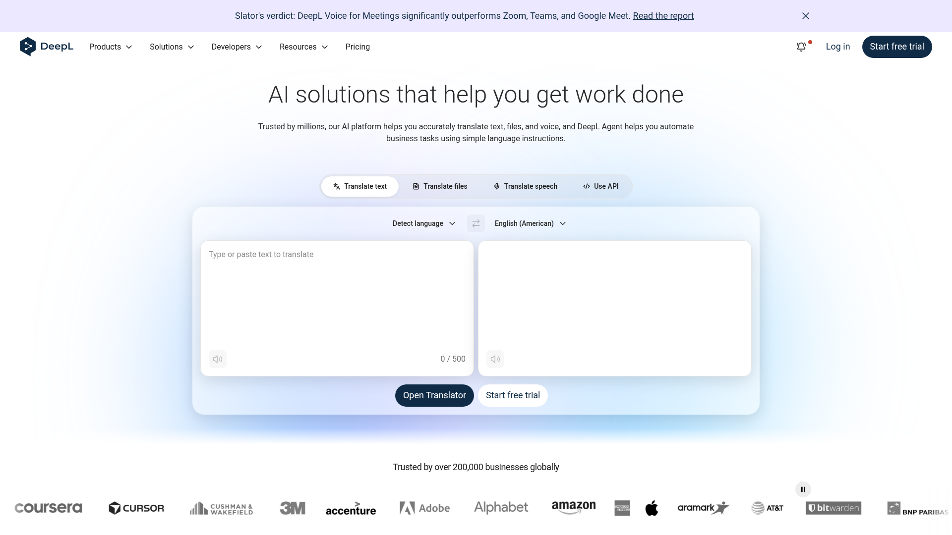DeepL homepage showing the AI translator with side-by-side translation interface