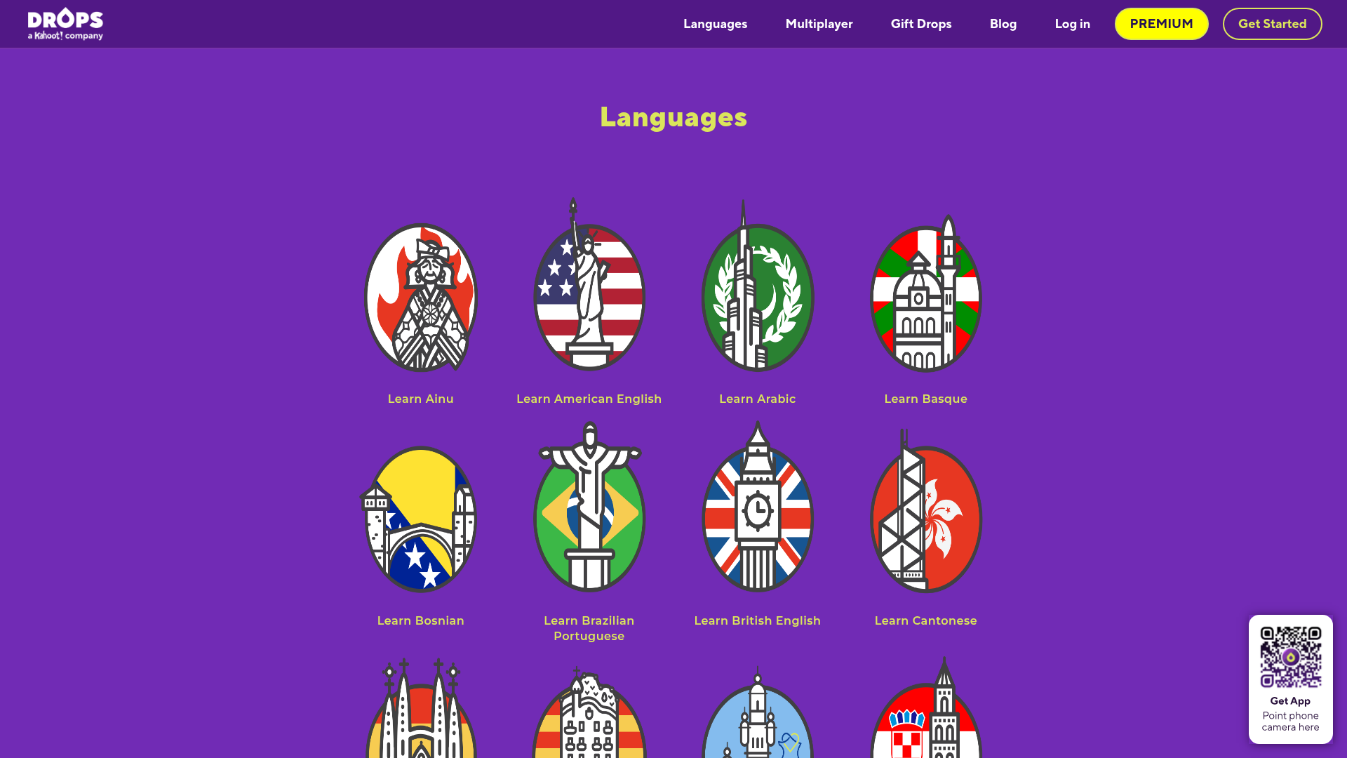 Drops languages page with illustrated tiles for Ainu, American English, Arabic, Basque, Bosnian, Brazilian Portuguese, British English and Cantonese