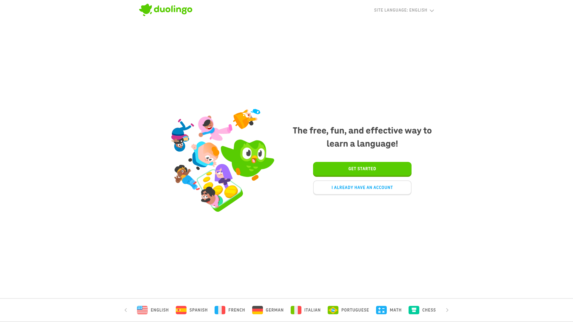 Duolingo homepage showing the green owl mascot and the free language-learning hero