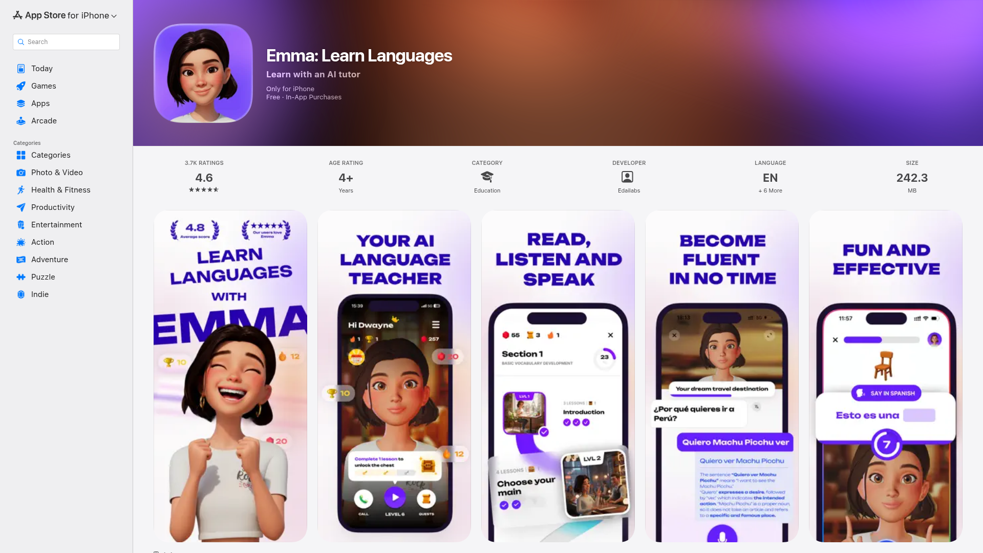 Emma App Store listing showing the iOS AI language tutor with 4.6-star rating across 3,700+ ratings