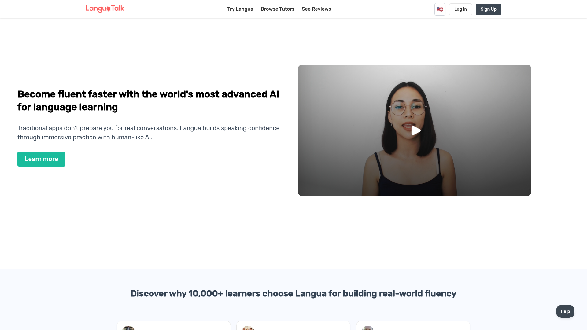 Langua homepage showing the AI language tutor hero with a native-speaker video preview