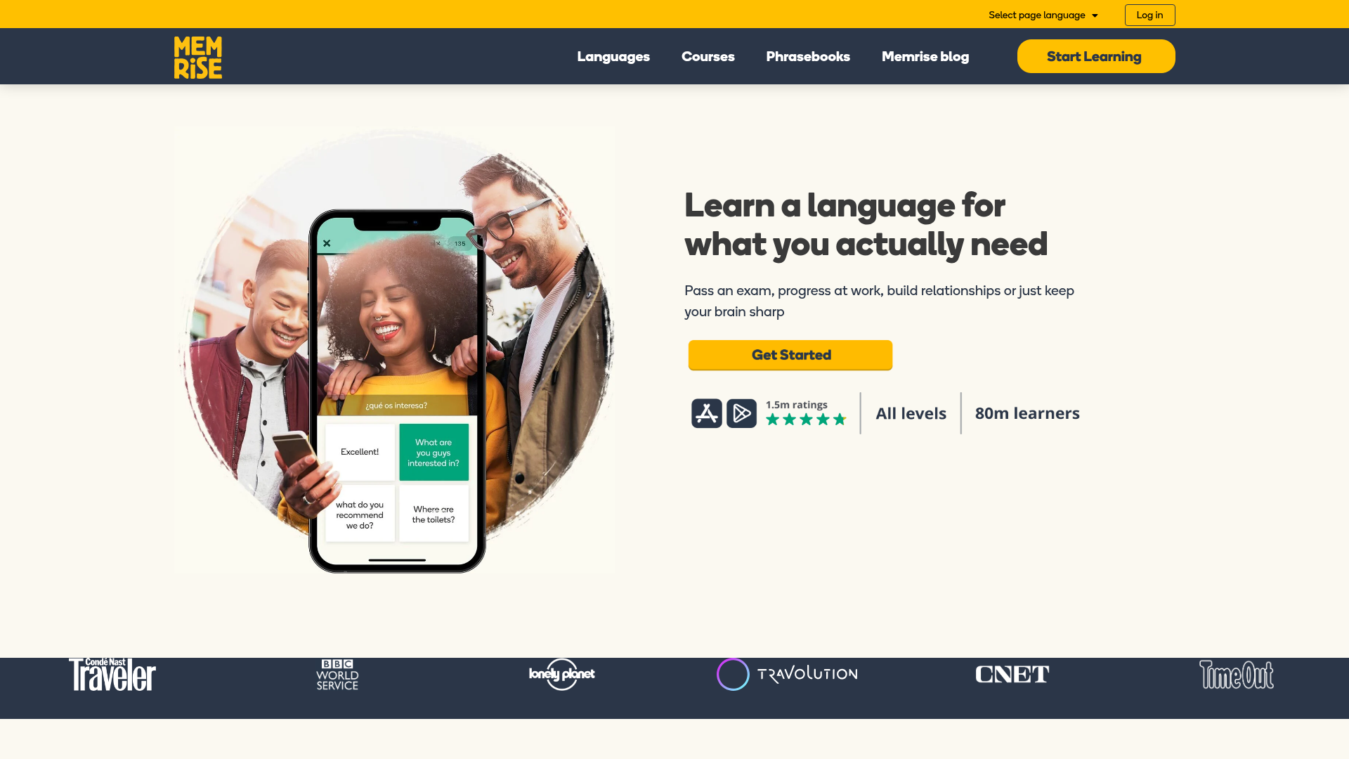 Memrise homepage showing AI-powered language lessons with native-speaker scenes