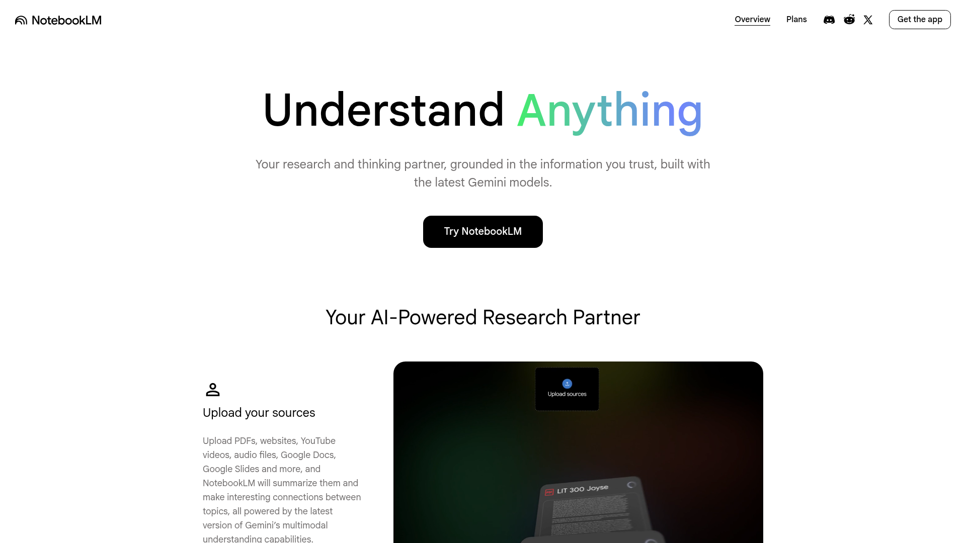 NotebookLM homepage by Google showing AI summaries and audio overviews of source documents