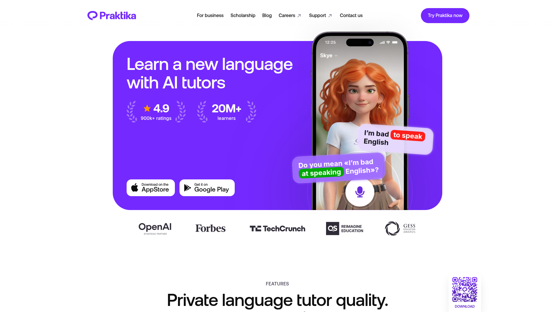 Praktika homepage showing AI tutor avatars and conversational practice scenarios