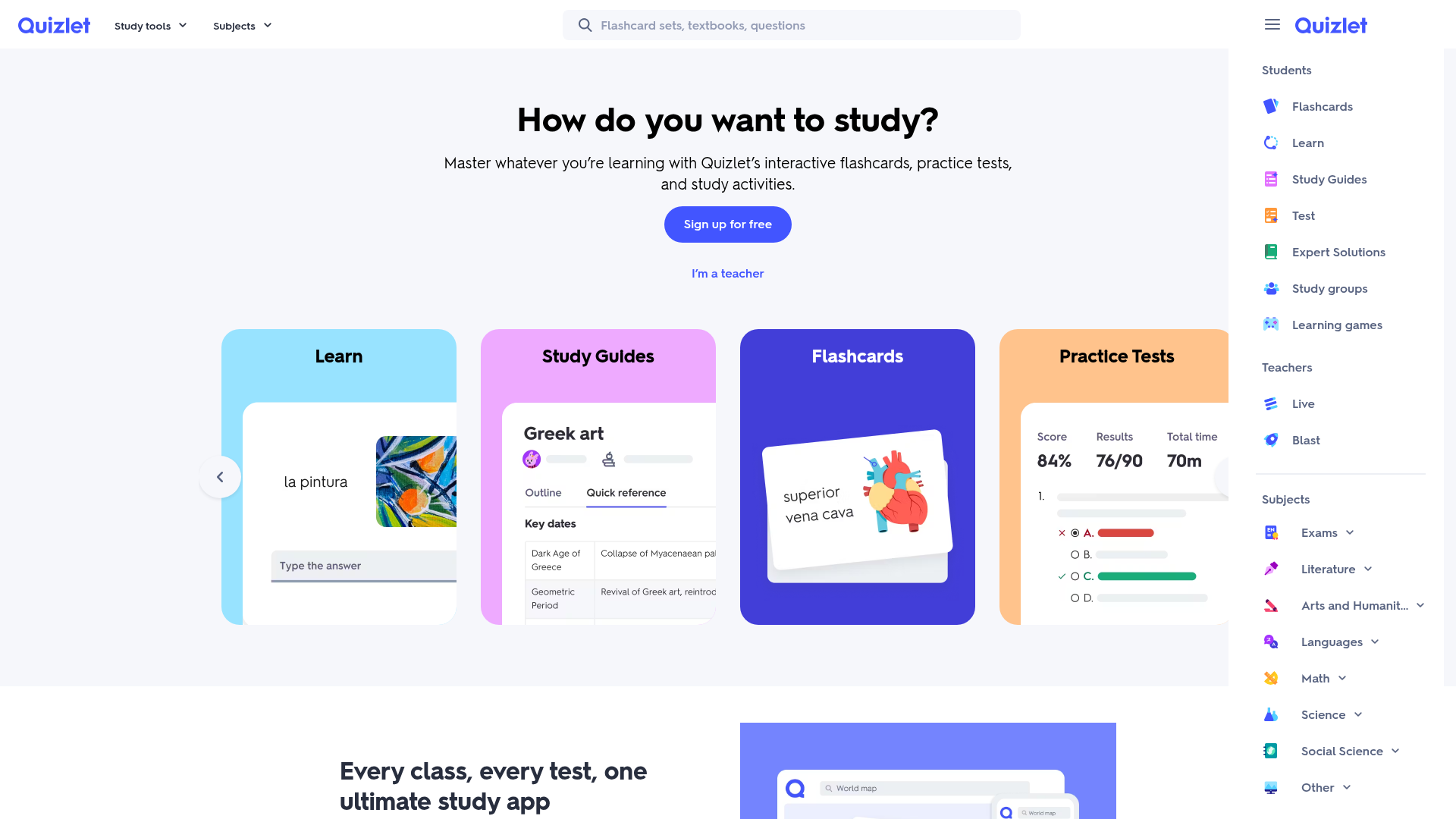 Quizlet homepage showing four study modes (Learn, Study Guides, Flashcards, Practice Tests) with sample cards