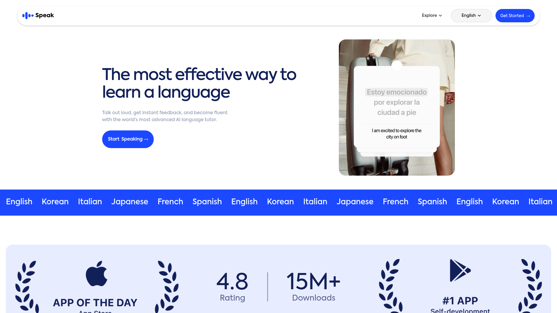 Speak homepage showing the AI-powered speaking practice hero with structured daily lessons