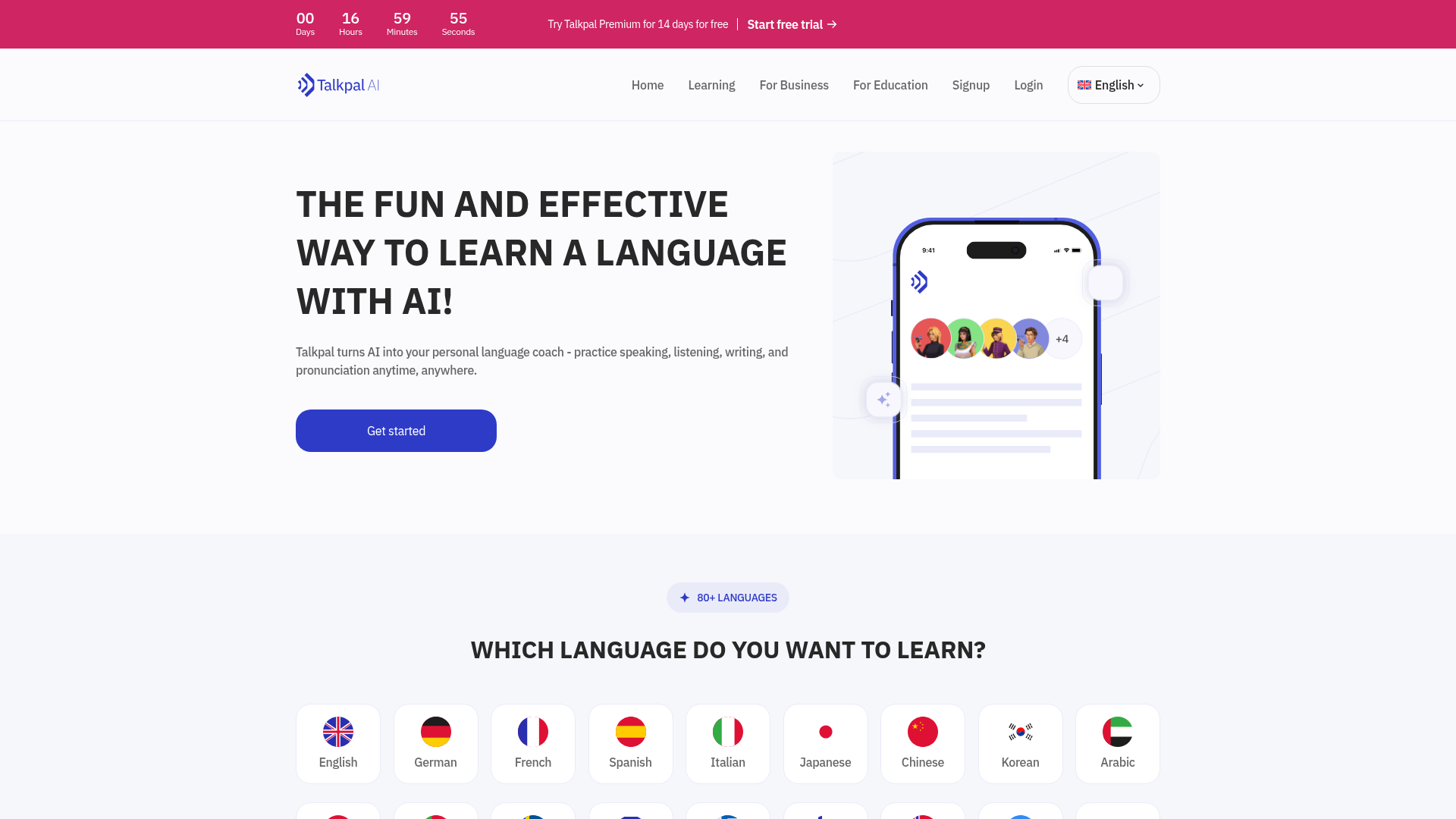 TalkPal homepage showing AI conversation practice across more than 80 supported languages
